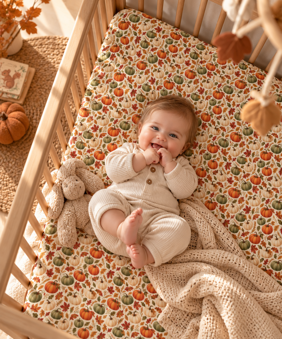Smiling baby lying on the Fall Pumpkin Crib Sheet
