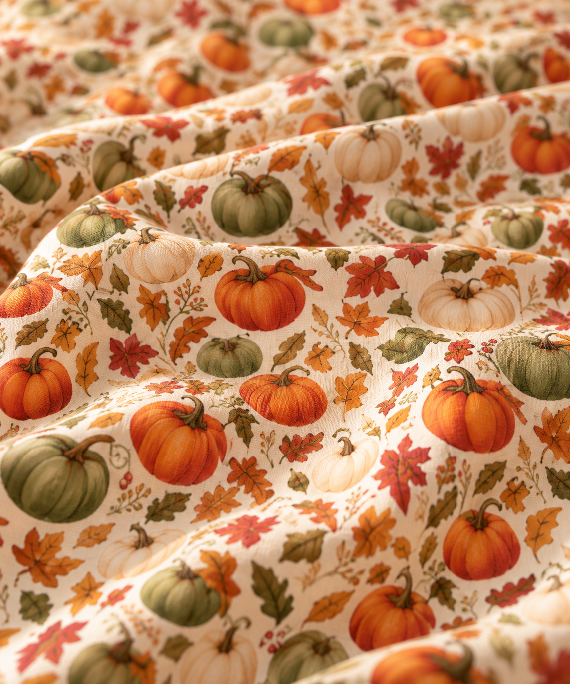 Close-up of the Fall Pumpkin Crib Sheet fabric showing pumpkins and autumn leaves on cream