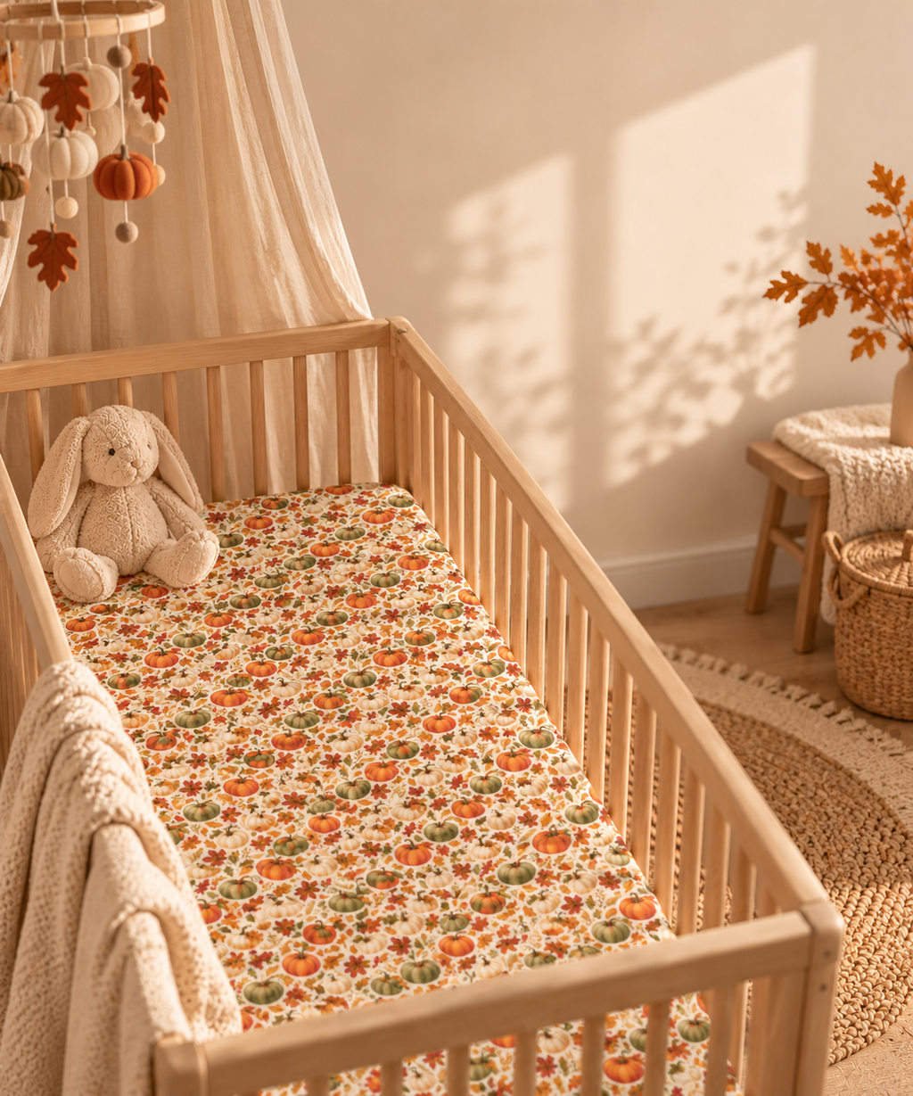 Fall Pumpkin Crib Sheet in a wooden crib in a sunlit nursery
