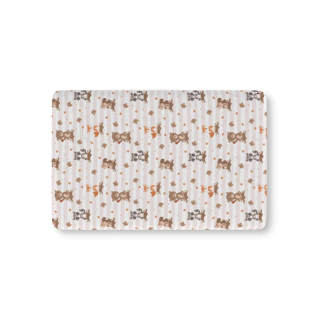 Fall Woodland Animal Crib Sheet laid flat in Mini size with foxes, bears and raccoons on beige stripes