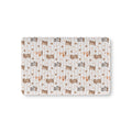 Fall Woodland Animal Crib Sheet laid flat in Mini size with foxes, bears and raccoons on beige stripes