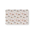 Fall Woodland Animal Crib Sheet laid flat in Mini size with foxes, bears and raccoons on beige stripes