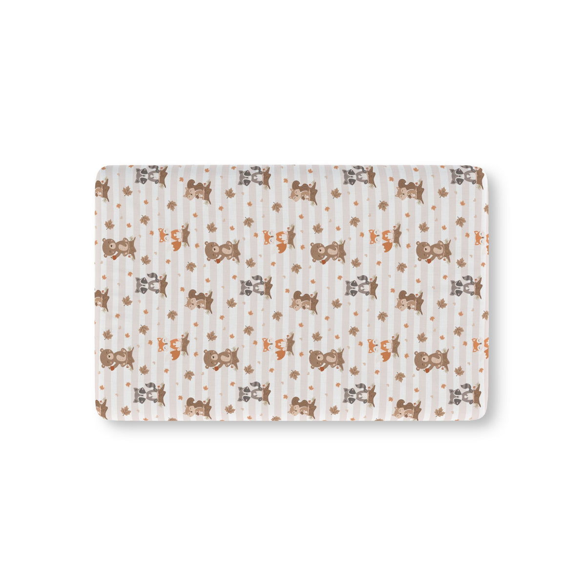 Fall Woodland Animal Crib Sheet laid flat in Mini size with foxes, bears and raccoons on beige stripes