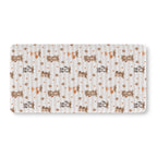 Fall Woodland Animal Crib Sheet laid flat in Standard size with foxes, bears and raccoons on beige stripes