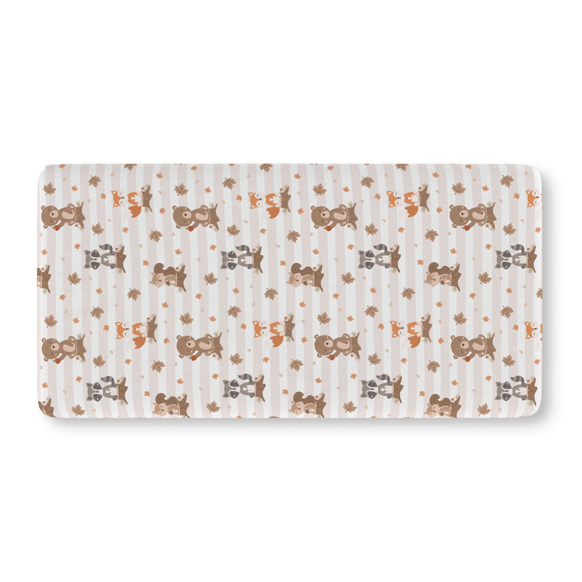 Fall Woodland Animal Crib Sheet laid flat in Standard size with foxes, bears and raccoons on beige stripes