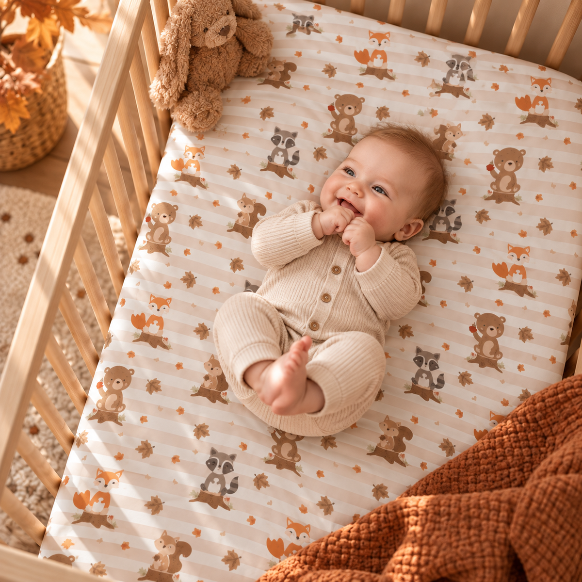 Smiling baby lying on the Fall Woodland Animal Crib Sheet