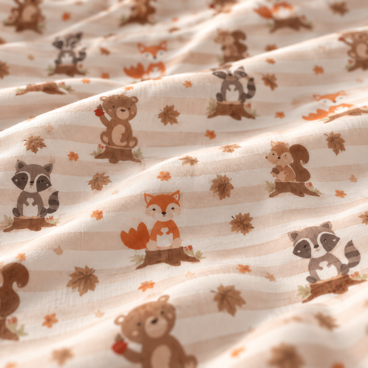 Close-up of the Fall Woodland Animal Crib Sheet fabric showing foxes, bears and raccoons on beige stripes