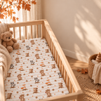 Fall Woodland Animal Crib Sheet in a wooden crib in a sunlit nursery