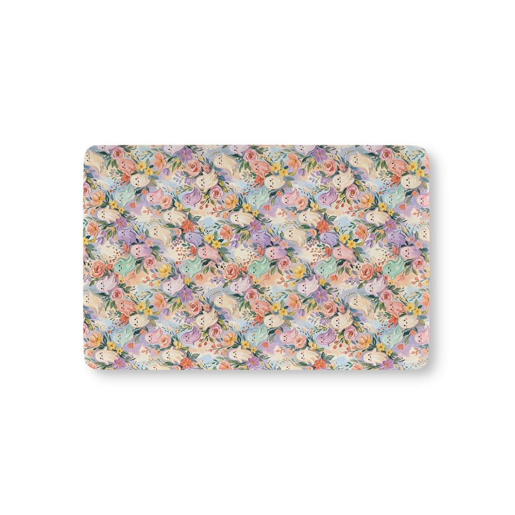 Floral Ghost Crib Sheet laid flat in Mini size with pastel ghosts among painted flowers