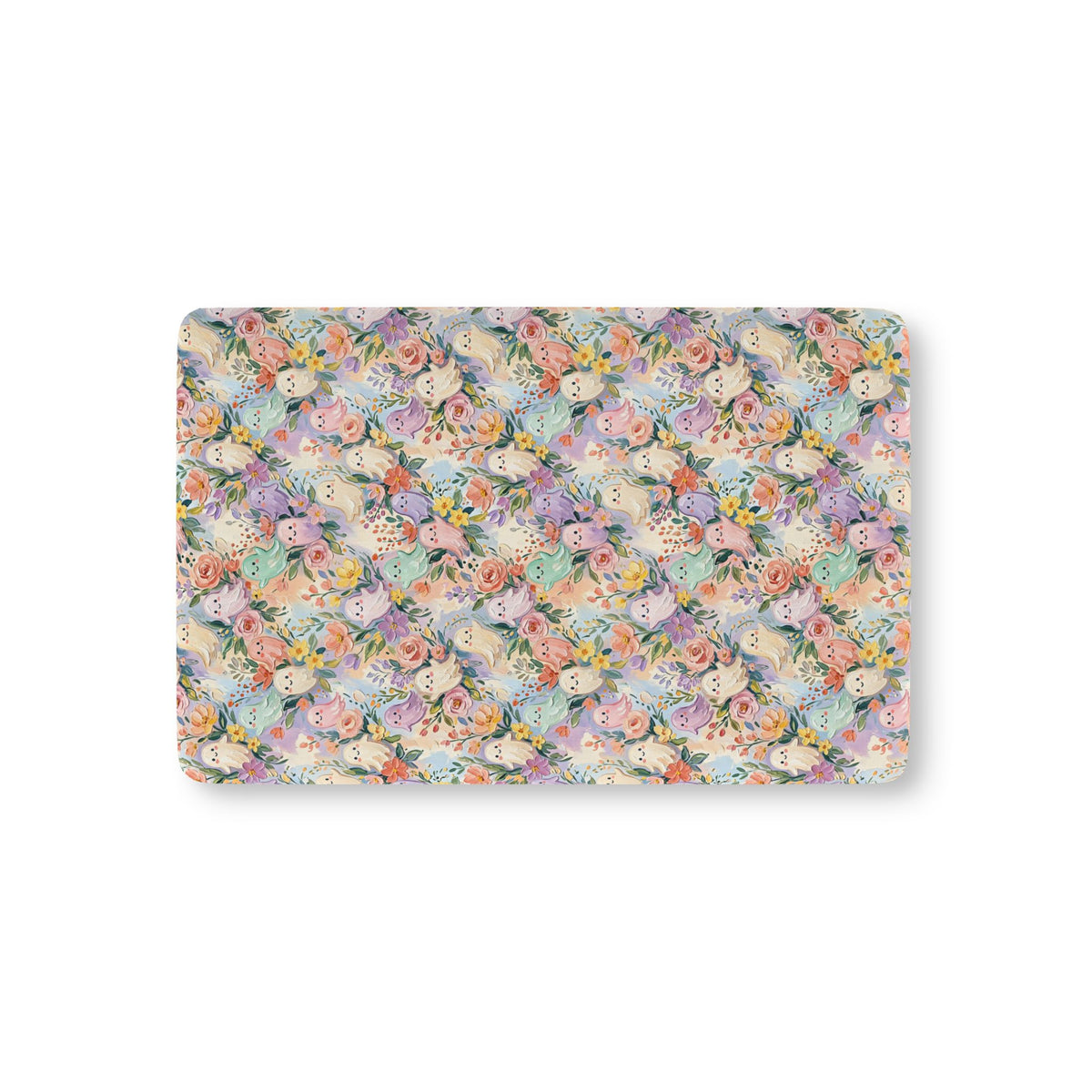 Floral Ghost Crib Sheet laid flat in Mini size with pastel ghosts among painted flowers