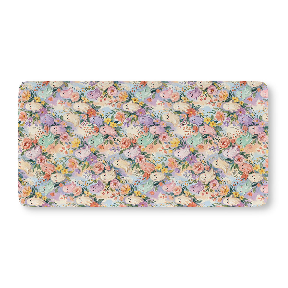Floral Ghost Crib Sheet laid flat in Standard size with pastel ghosts among painted flowers