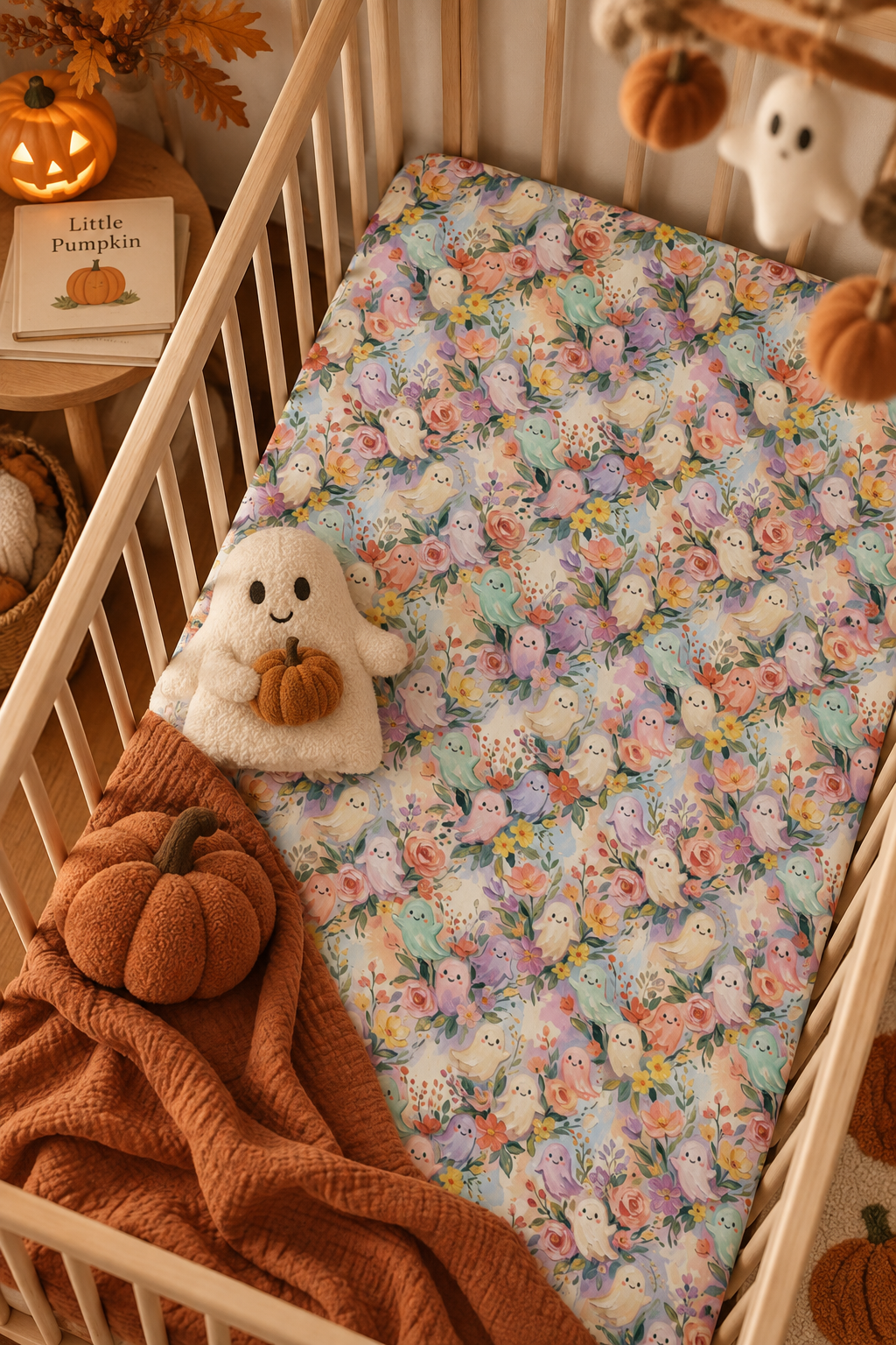 Floral Ghost Crib Sheet on a wooden crib mattress in a Halloween nursery