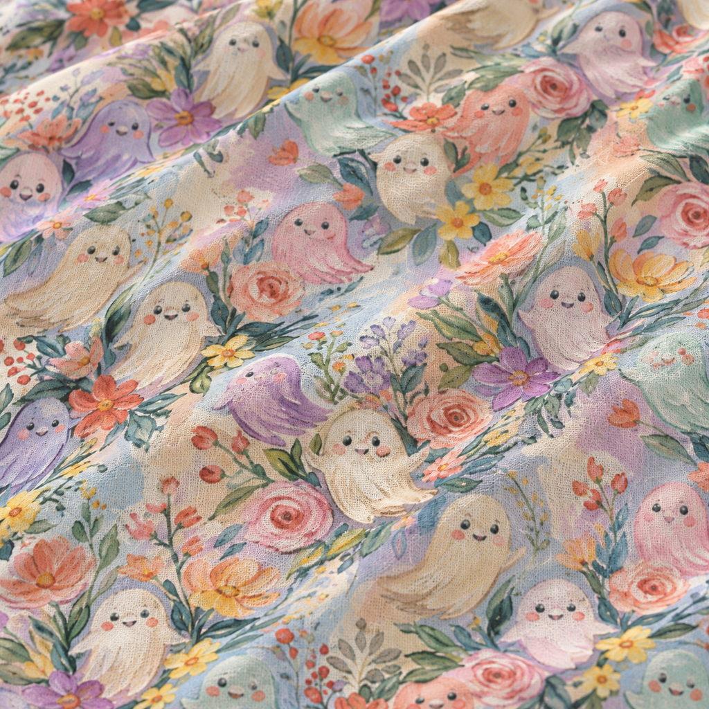 Close-up of the Floral Ghost Crib Sheet fabric showing pastel ghosts among painted flowers