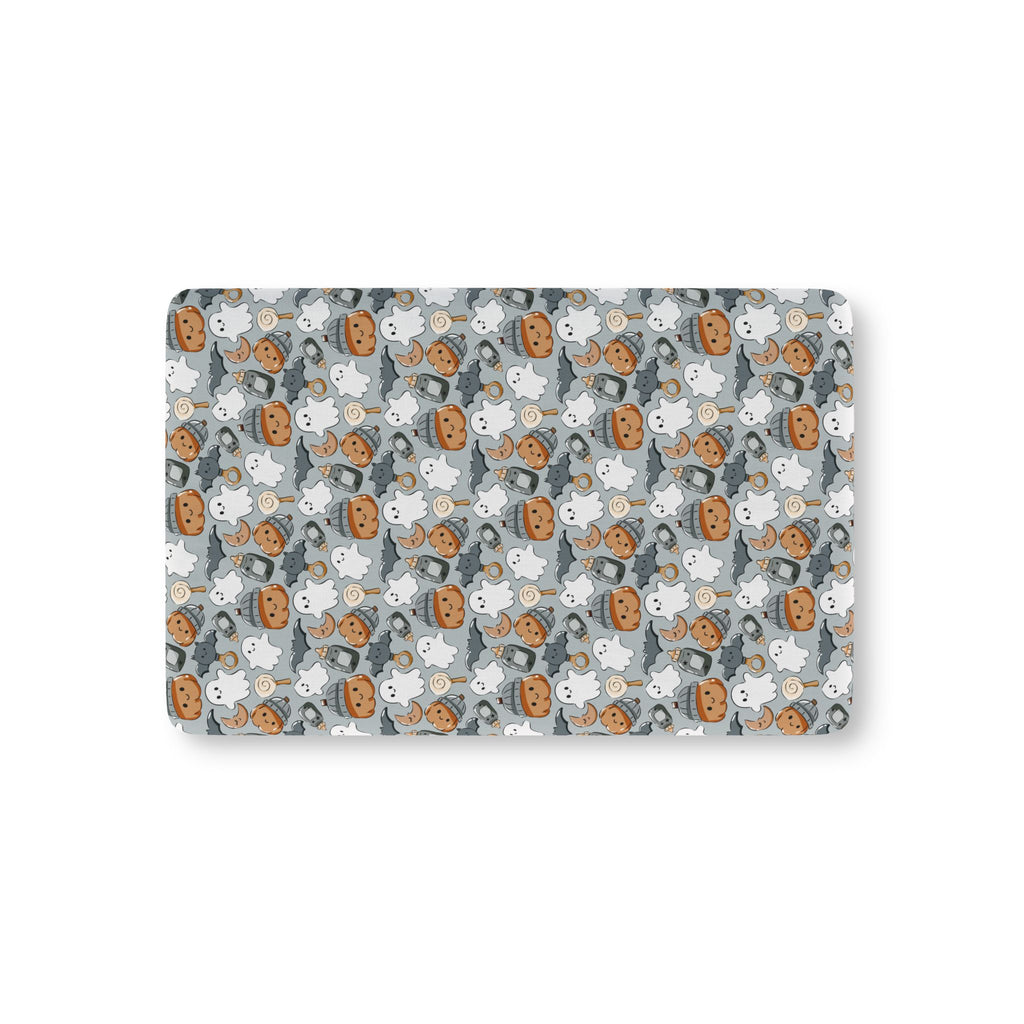 Gray Halloween Ghost Crib Sheet laid flat in Mini size with ghosts, pumpkins and bats on gray