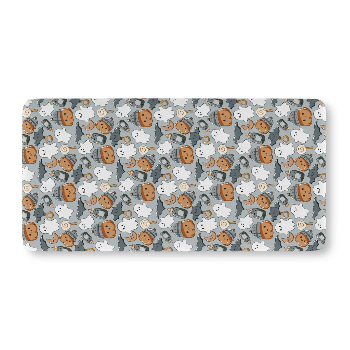 Gray Halloween Ghost Crib Sheet laid flat in Standard size with ghosts, pumpkins and bats on gray