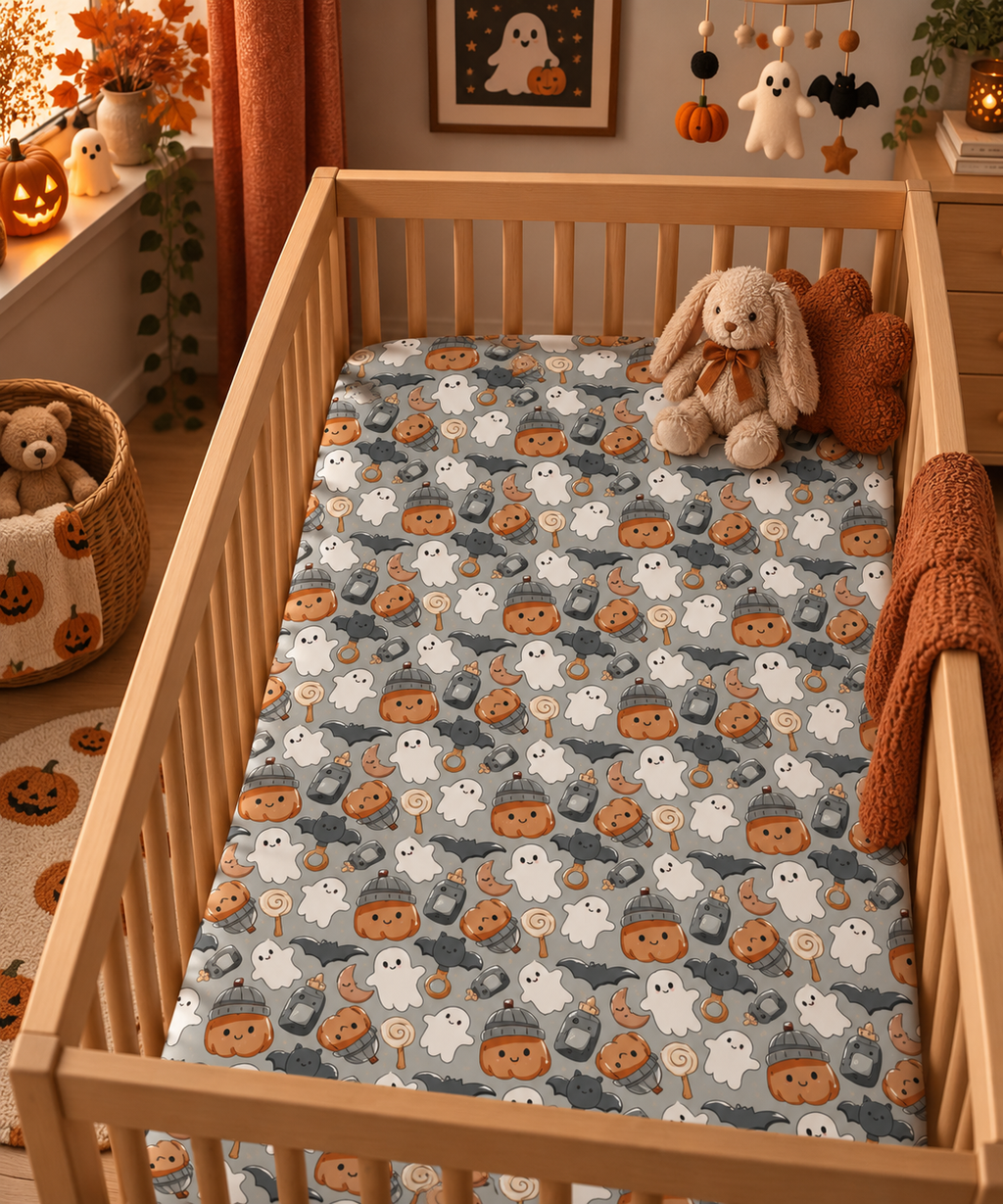 Gray Halloween Ghost Crib Sheet on a wooden crib mattress in a Halloween nursery