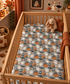 Gray Halloween Ghost Crib Sheet on a wooden crib mattress in a Halloween nursery