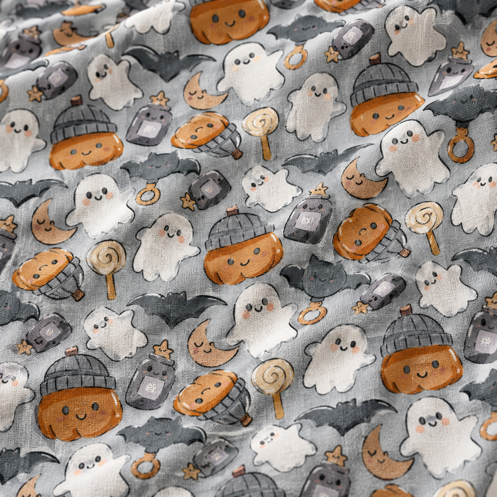 Close-up of the Gray Halloween Ghost Crib Sheet fabric showing ghosts, pumpkins and bats on gray