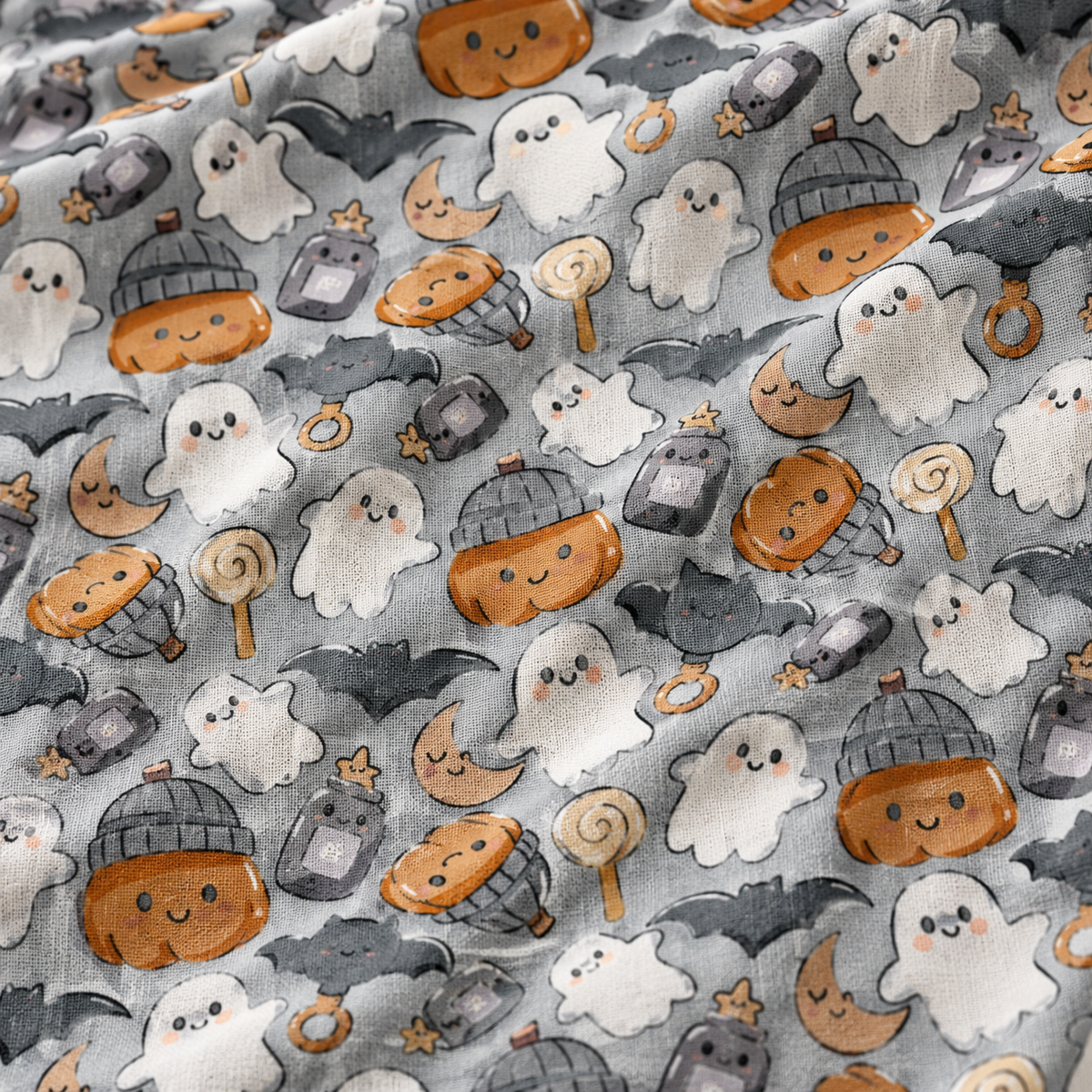 Close-up of the Gray Halloween Ghost Crib Sheet fabric showing ghosts, pumpkins and bats on gray
