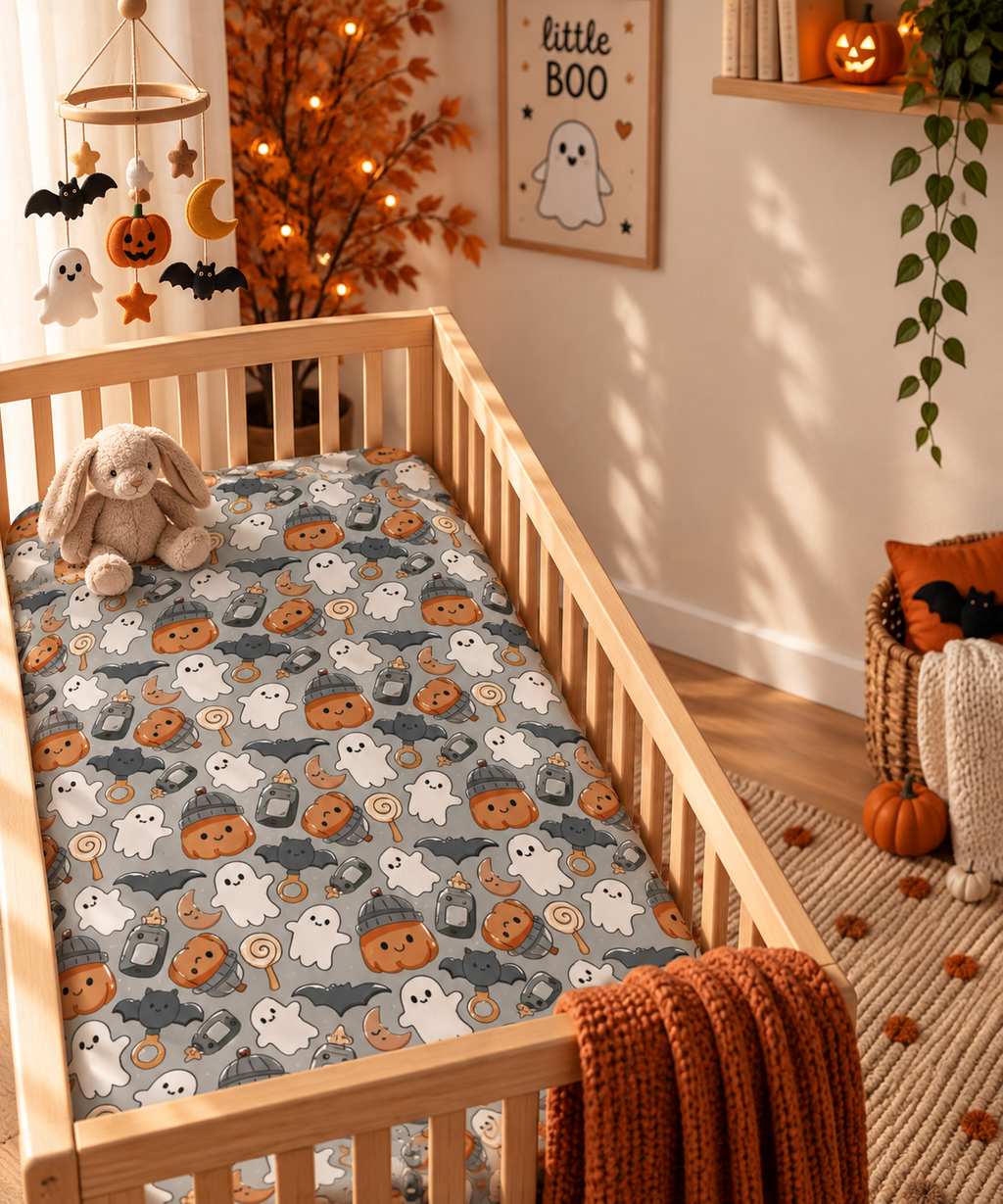 Gray Halloween Ghost Crib Sheet in a wooden crib in a sunlit nursery