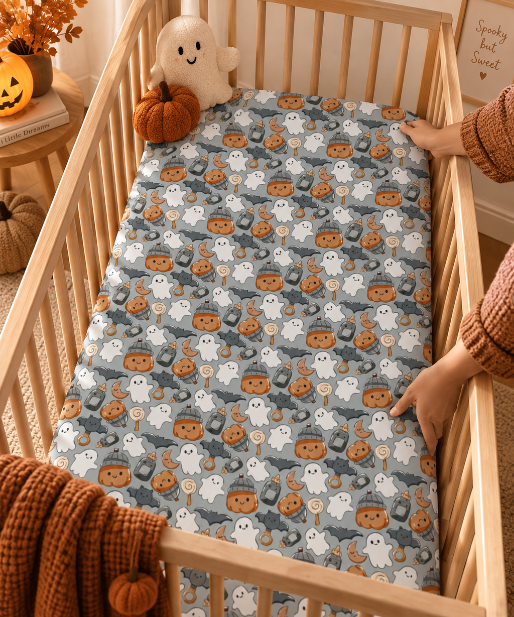 Hands smoothing the Gray Halloween Ghost Crib Sheet over a crib mattress