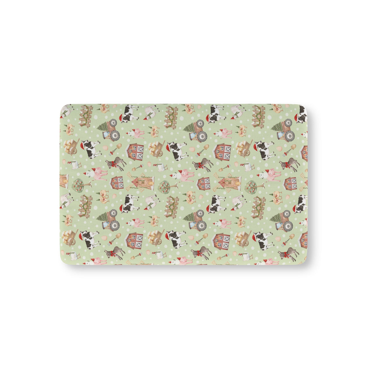 Green Christmas Farm Crib Sheet laid flat in Mini size with farm animals in Santa hats on light green