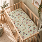 Green Christmas Farm Crib Sheet on a wooden crib mattress in a farm nursery
