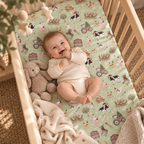 Smiling baby lying on the Green Christmas Farm Crib Sheet