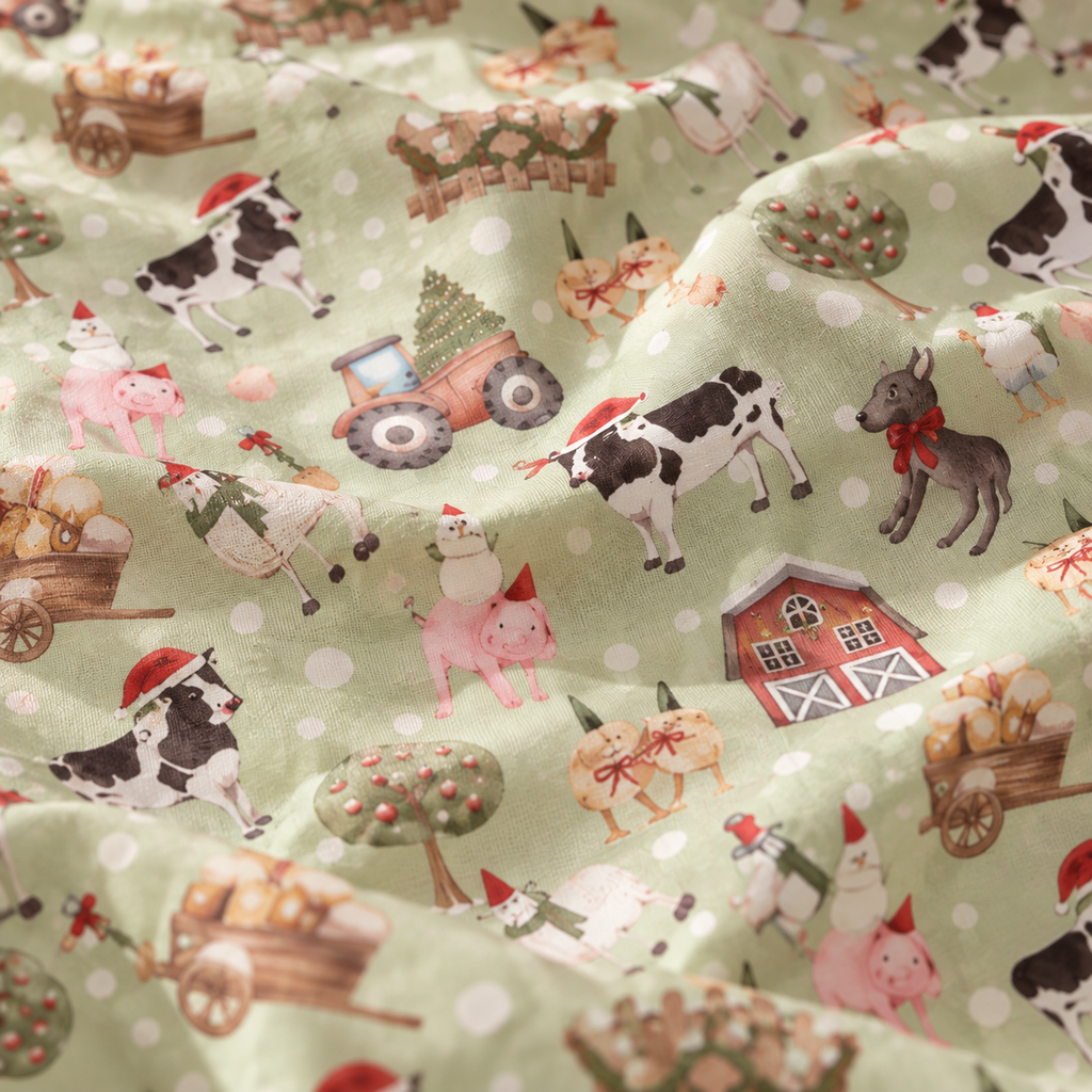Close-up of the Green Christmas Farm Crib Sheet fabric showing farm animals in Santa hats on light green