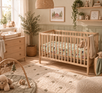 Nursery with a wooden crib made up with the Green Christmas Farm Crib Sheet
