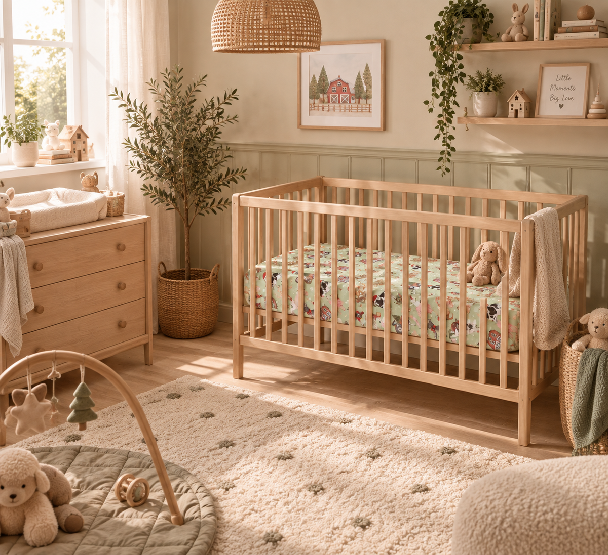 Nursery with a wooden crib made up with the Green Christmas Farm Crib Sheet
