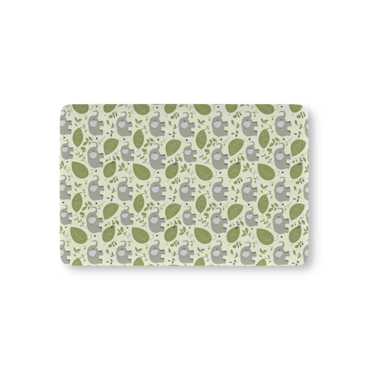 Green Elephant Crib Sheet laid flat in Mini size with gray elephants and green leaves on pale green