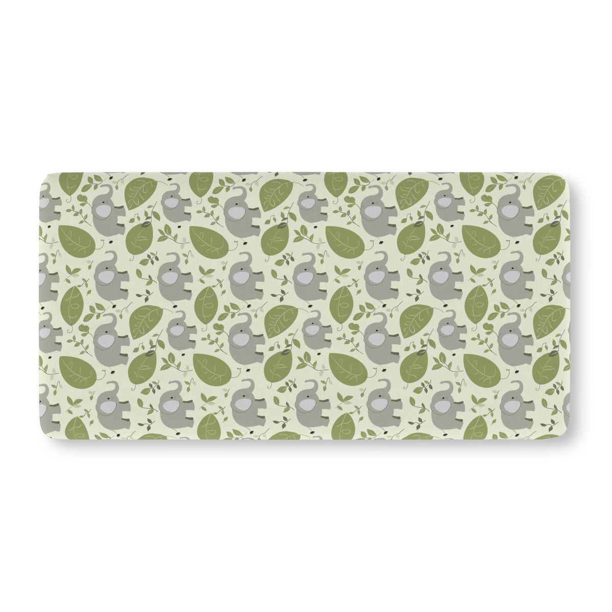 Green Elephant Crib Sheet laid flat in Standard size with gray elephants and green leaves on pale green