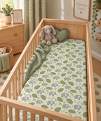 Green Elephant Crib Sheet on a wooden crib mattress in a safari nursery