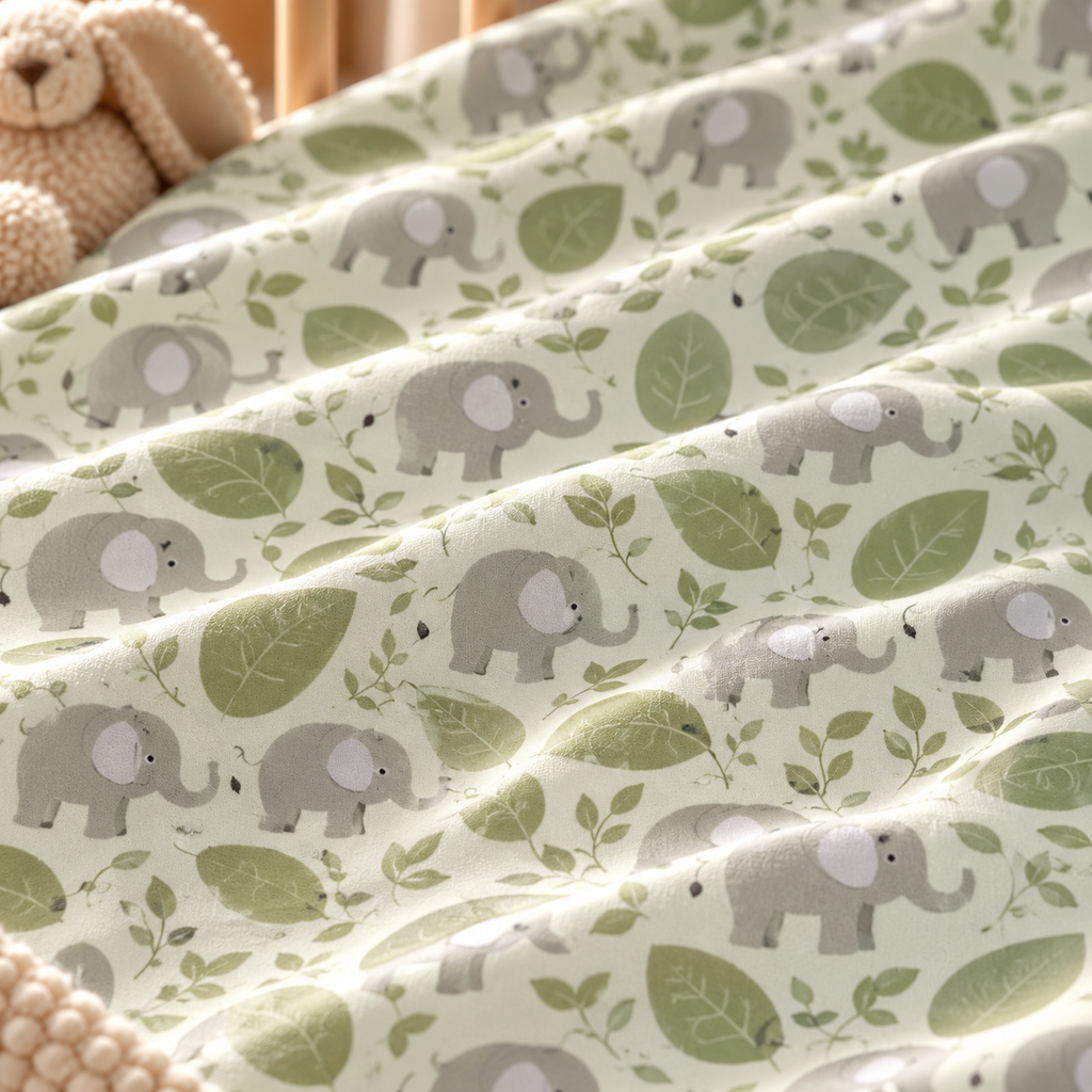 Close-up of the Green Elephant Crib Sheet fabric showing gray elephants and green leaves on pale green