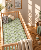 Green Elephant Crib Sheet in a wooden crib in a sunlit nursery