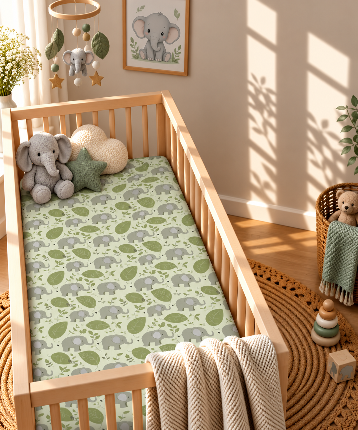 Green Elephant Crib Sheet in a wooden crib in a sunlit nursery
