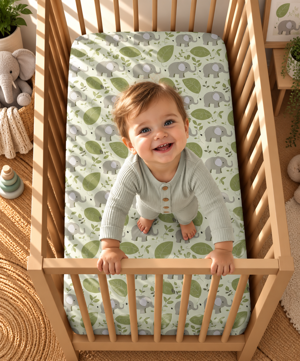 Toddler standing in a crib fitted with the Green Elephant Crib Sheet
