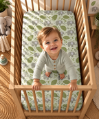 Toddler standing in a crib fitted with the Green Elephant Crib Sheet
