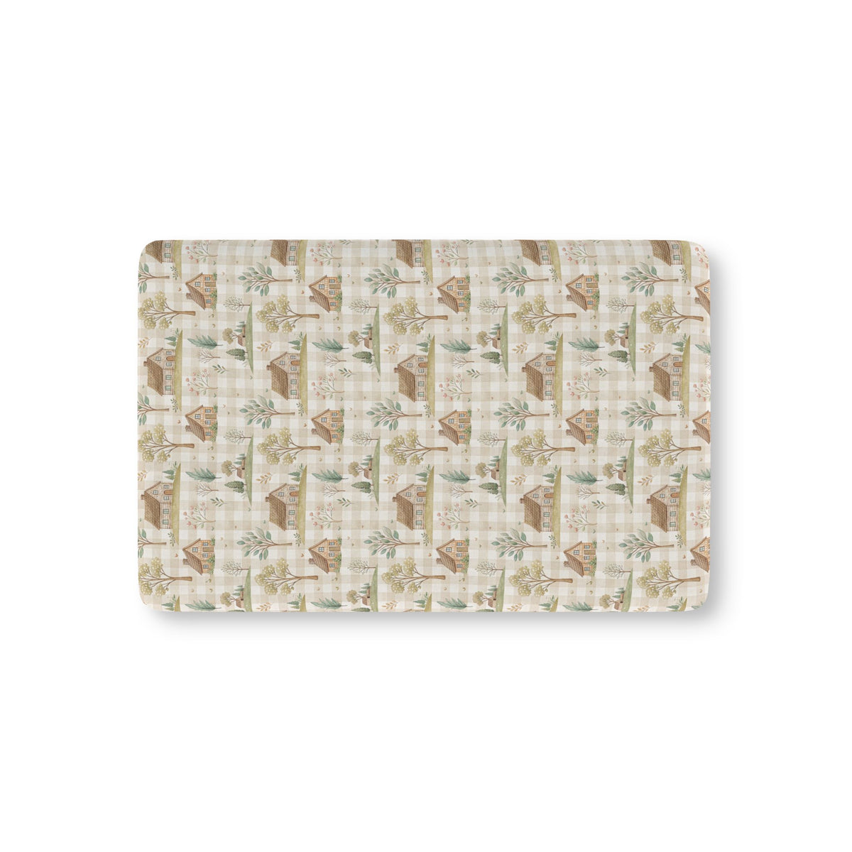Green Gingham Cottage Crib Sheet laid flat in Mini size with cottages and trees on sage green gingham