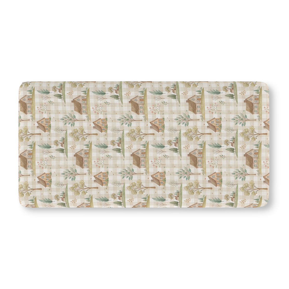 Green Gingham Cottage Crib Sheet laid flat in Standard size with cottages and trees on sage green gingham