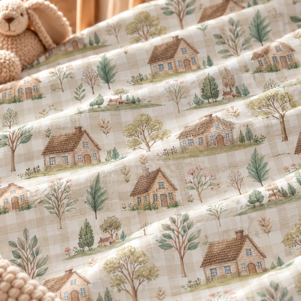 Close-up of the Green Gingham Cottage Crib Sheet fabric showing cottages and trees on sage green gingham