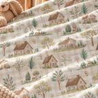 Close-up of the Green Gingham Cottage Crib Sheet fabric showing cottages and trees on sage green gingham