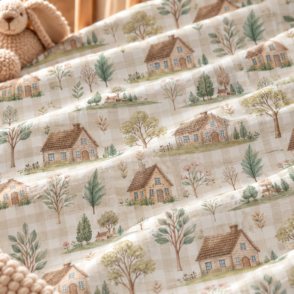 Close-up of the Green Gingham Cottage Crib Sheet fabric showing cottages and trees on sage green gingham