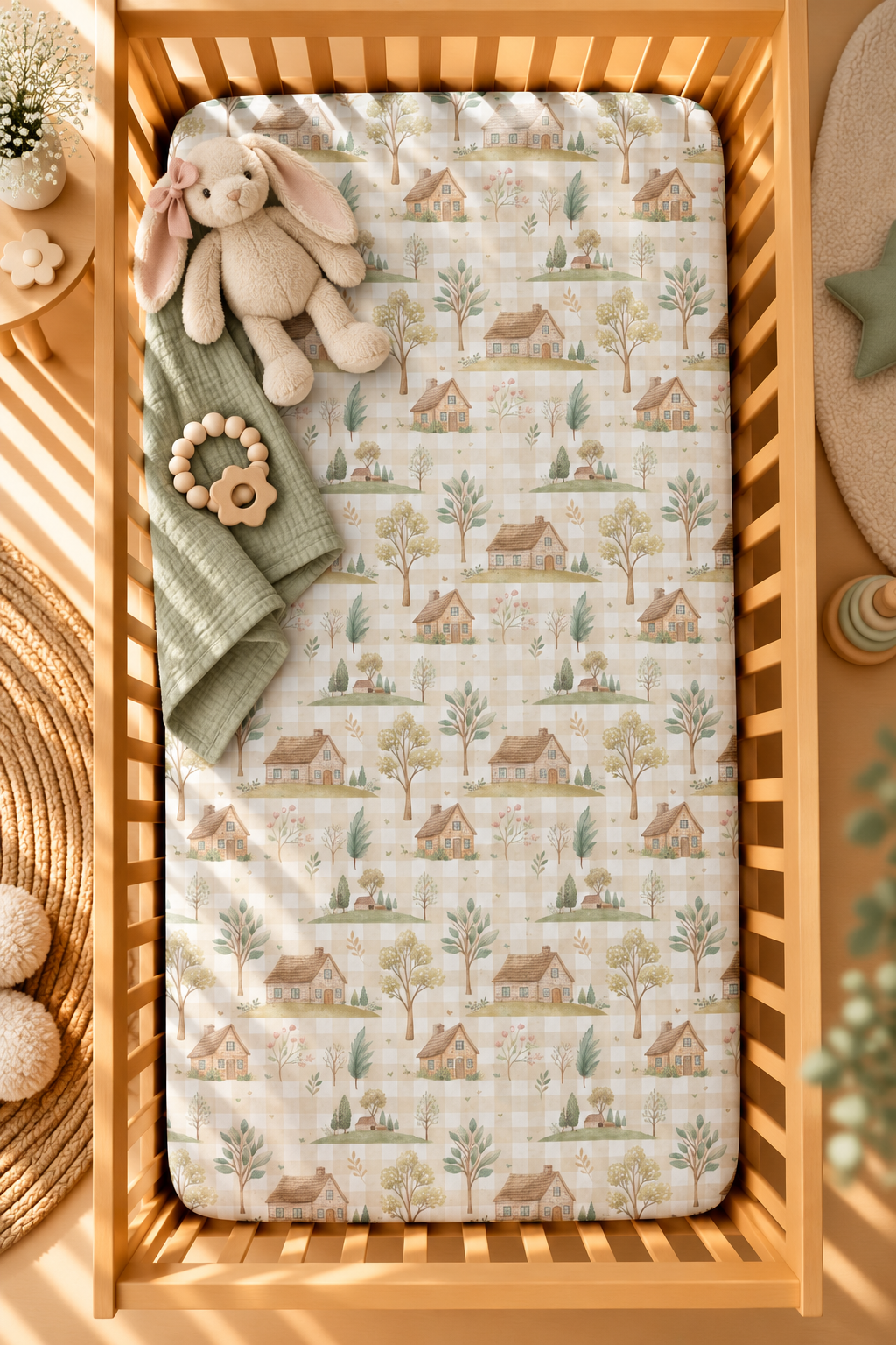 Green Gingham Cottage Crib Sheet seen from above in a wooden crib