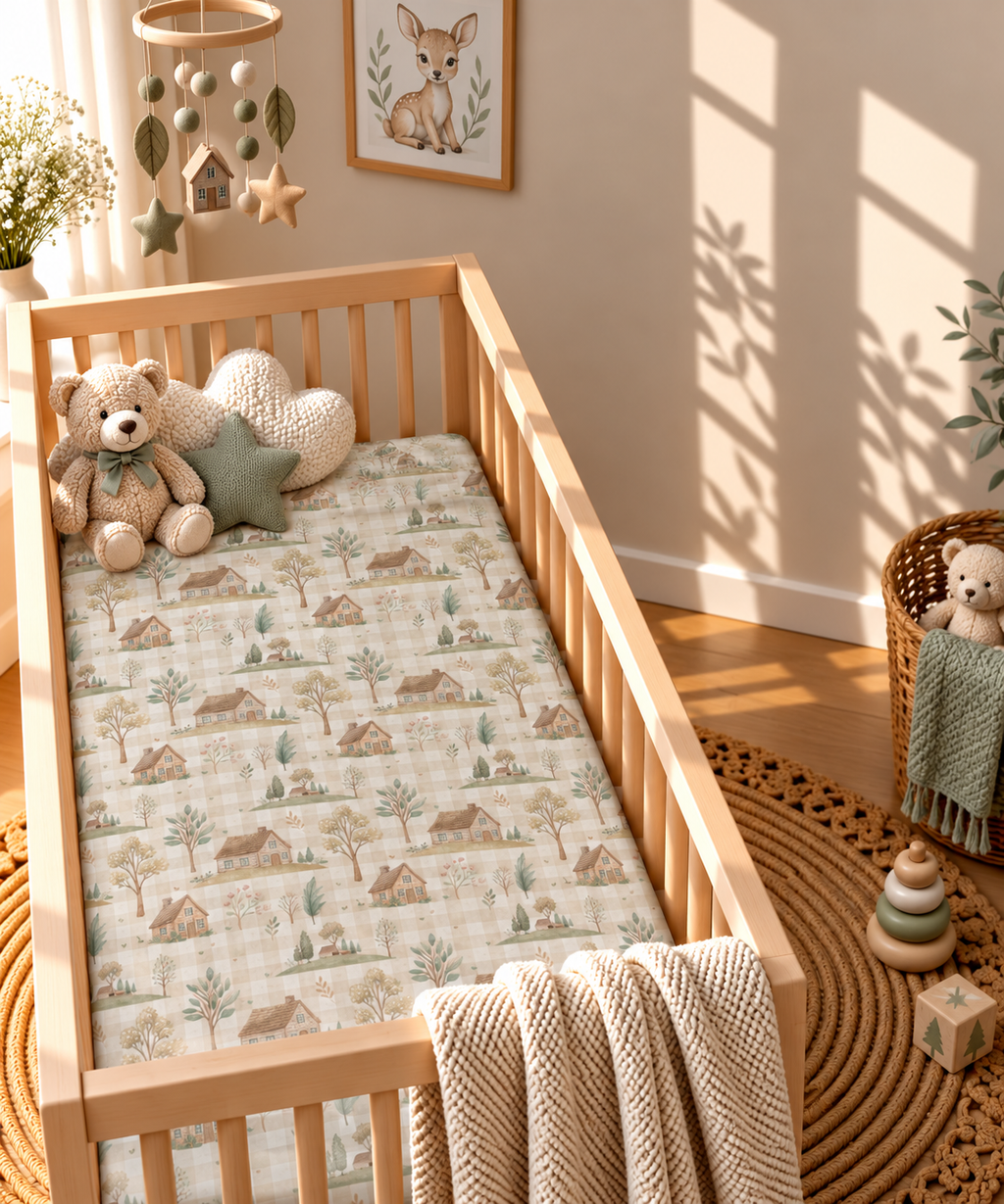 Green Gingham Cottage Crib Sheet in a wooden crib in a sunlit nursery