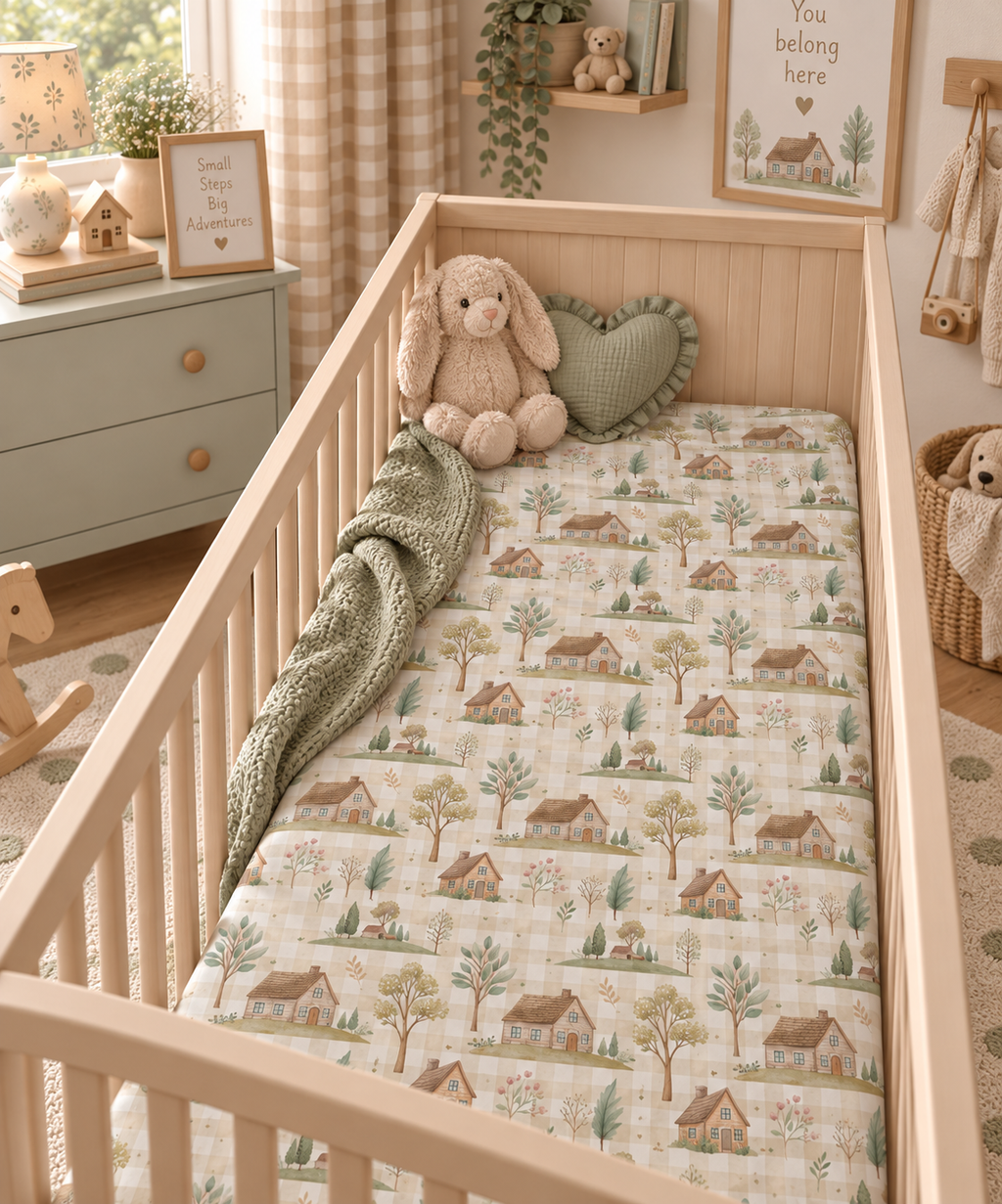 Green Gingham Cottage Crib Sheet on a wooden crib mattress in a neutral nursery