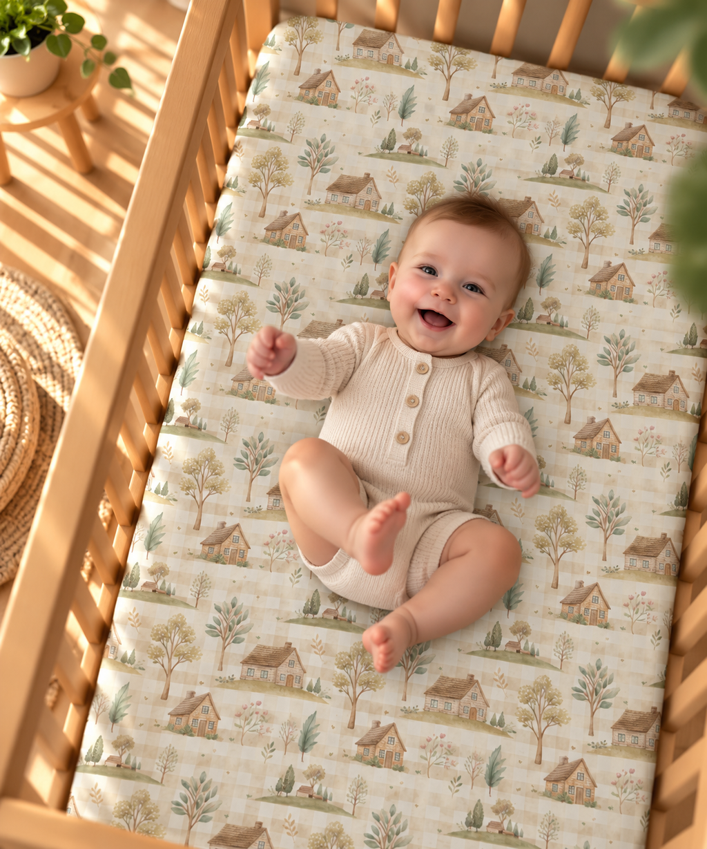 Smiling baby lying on the Green Gingham Cottage Crib Sheet