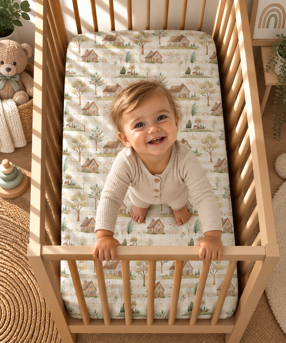 Toddler standing in a crib fitted with the Green Gingham Cottage Crib Sheet