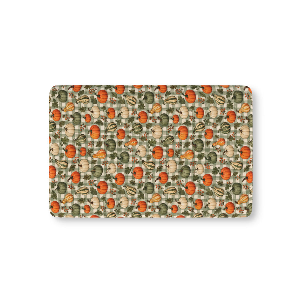 Green Gingham Pumpkin Crib Sheet laid flat in Mini size with pumpkins and gourds on sage green gingham